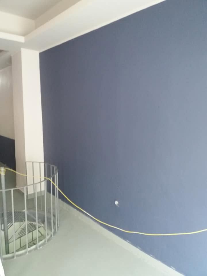 A whole wall in blue-grey beside the staircase